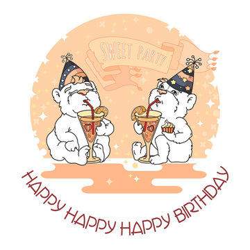 Happy Birthday card with two cute bears in party hats. 