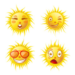Sun smiles cartoon emoticons and summer emoji faces vector icons set