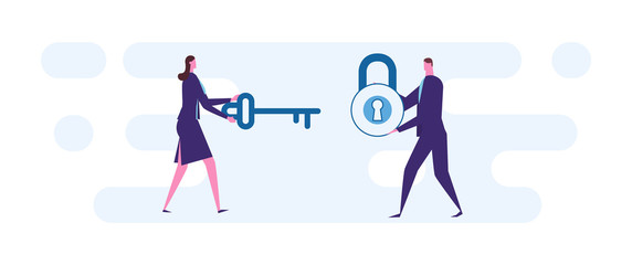 A lady is holding a key to put in a lock that a man is holding.