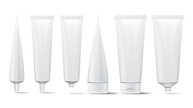 Cosmetic Tube Set. Vector Mock Up. Cosmetic, Cream, Tooth Paste, Glue White Plastic Tubes Open And Closed Set Packaging Realistic Illustration. Isolated