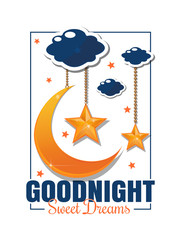 Goodnight poster. Sweet Dreams. Moon and stars in the clouds. Paper art origami concept design. Vector illustration