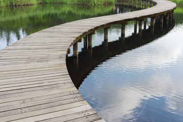 Wooden bridge over river in green park