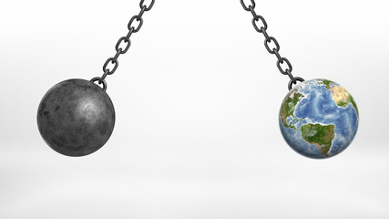 A wrecking ball and an Earth globe swinging together on iron chains away from each other.
