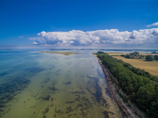 Aerial view of the beautiful beach coastline with cliffs at Poel island, Germany