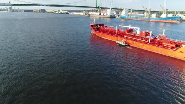 Aerial View of Oil Tanker Ship Entering Port of Philadelphia PA
