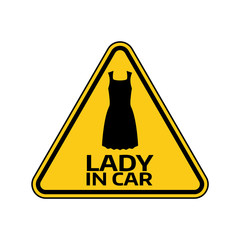 Woman car driver sticker. Female in automobile warning sign. Lady little black dress in yellow triangle to vehicle glass