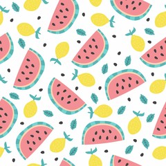 Seamless vector pattern with watermelon, lemon and mint. The summer mood!