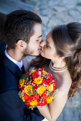 Kissing wife and groom in their wedding day. Just married couple