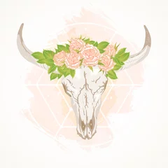 Fototapete Boho Vektorgrafik mit einem wilden Büffelschädel und Rosen im Boho-Stil.