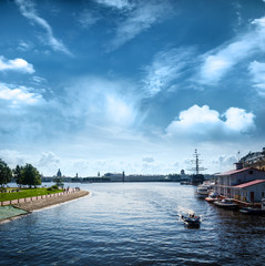 Pleasure boats are berthed in Kronverk Strait near the Peter and Paul Fortress, St. Petersburg, Russia.