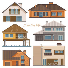 City life. Vector illustration with buildings, detached house, semi-detached house, bungalow, mansion, high-rise building.