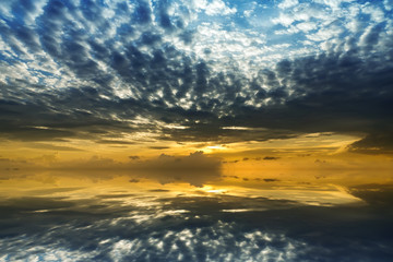 Mirror of Cloudscape on the lake after sunset over the lake.