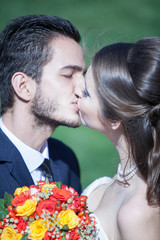 Portrait of happy just married husband and wife. Wedding photo