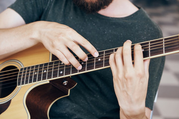 Obraz premium Guitar, musical instruments, sheet music, strings, tablature, mediator
