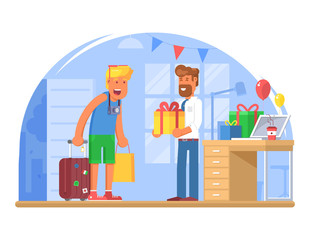 Tourist come back from vacation to work concept illustration. Manager meet employee returning from holidays. Boss congratulate office worker with happy birthday giving gift box.