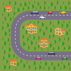 Plan of village. Landscape with the road, green forest, cars and houses.  Vector illustration

