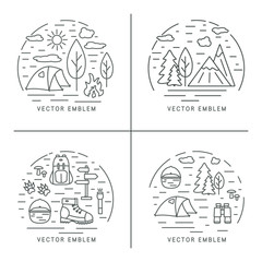 Set of hiking linear concept. Circle compositions for trekking, tourism and travels design. Outdoor line icons with open paths.