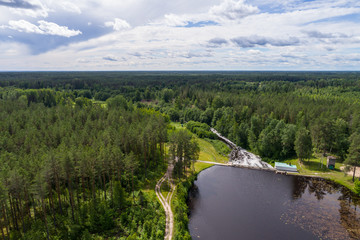 Aerial view of dam in Tudulinna, Estonia. Nature landscape. Summer.