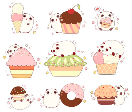 Set of cute pandas with ice cream and cupcakes