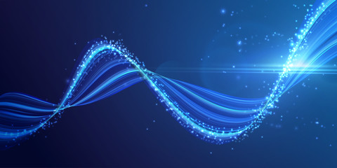 Vector background. Bright glowing curve on dark, with light particles.