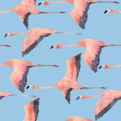 A flying flock of flamingo in the sky. Watercolor seamless pattern. Hand drawn illustration © natikka