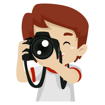 Vector Illustration of a Kid Boy taking pictures using a Digital Camera
