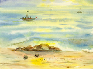 Watercolor seascape  original painting colorful of reflections on the water