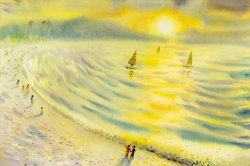 Obrazy na Szkle  Streszczenie akwarela Seascape oryginalny obraz kolorowy wakacji żeglarskich