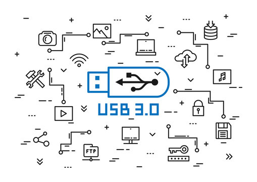 USB 3.0 elements vector illustration. Portable data storage set (desktop, usb flash drive, laptop, cloud storage, multimedia files, etc) line art concept.
