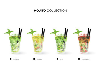 Mojito Collection. Vector Menu Template With Realistic Cocktails
