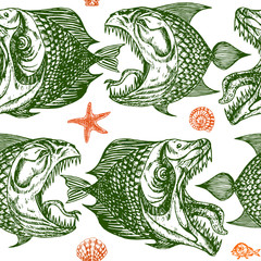 Piranhas fishes profile, open mouth with sharp teeth and long tongue, sea star and shells, seamless pattern design, hand drawn doodle, sketch in pop art style, green and red on white background