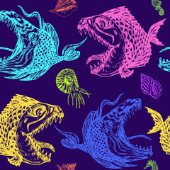 Naklejki  Profil ryby piranie, otwarte usta z ostrymi zębami i długim językiem, konik morski, nautilus i muszle, wzór bez szwu, ręcznie rysowane doodle, szkic w stylu pop-art, kolorowe na niebieskim tle