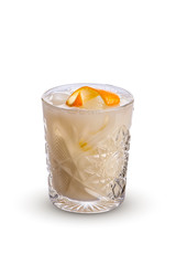 Beige cocktail with ice and orange slice isolated on white background