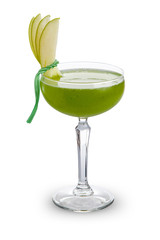 Green cocktail with apple slices isolated on white background