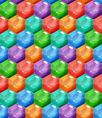 Seamless pattern with different colored hexagon crystals, gemstones, gems, diamonds. Vector gui assets collection in cartoon style for game seamless background design.