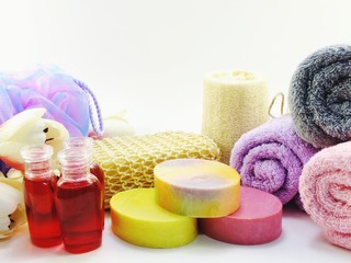 Obraz na płótnie Canvas cleansing spa accessories with Shampoo soap and shower cream bathroom products