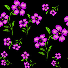Embroidered purple flowers on black background seamless pattern