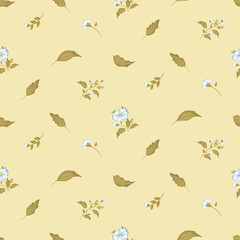 Seamless floral pattern. Background in small blue flowers on a yellow background for textiles, fabric, cotton fabric, cover, wallpaper, stamp, gift wrap, postcard.