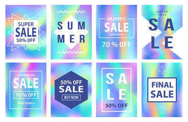 Sale banners template set. Holographic neon background