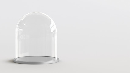 Glass dome with silver tray on white background. 3D rendering.
