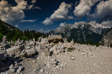 Zen balance rock towers made in Triglav Park, Slovenia