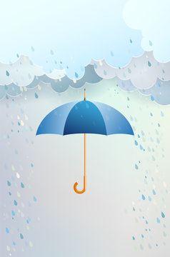 Blue Opened Umbrella And Clouds With Rain