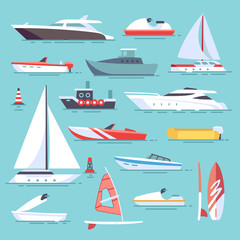 Sea boats and little fishing ships. Sailboats flat vector icons