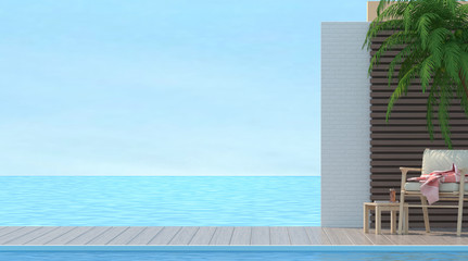 Fototapeta na wymiar Wood chair on Sunbathing deck and private swimming pool with sea view at luxury villa 3d rendering