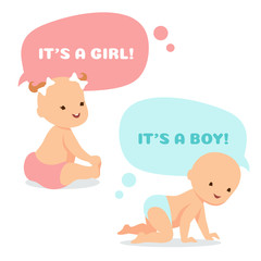 Cartoon baby with thinking bubbles. Cute newborn girl and boy vector illustration