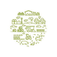 Rural landscape and agriculture farming thin line icons