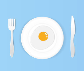 Fried egg  on  plate.with knife and fork art white set.paper art vector illustration