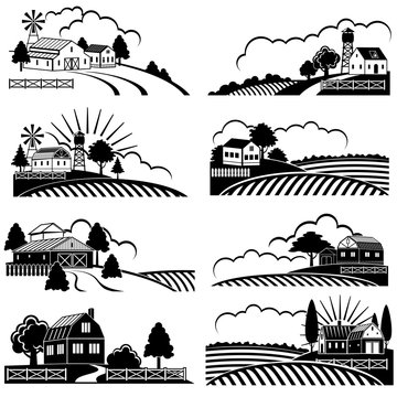 Retro rural landscapes with farm building in field. Vector vintage woodcut art
