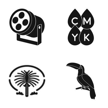 Searchlight, a drop of paint and other web icon in black style. a symbol of the Emirates, toucan icons in set collection.