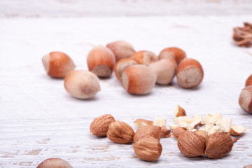 Hazelnuts on white wooden background in studio photo